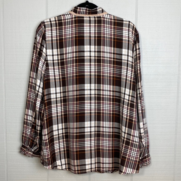 Chico’s Brown Orange Pink Plaid Long Sleeve Ruffle Button Up Top - Picture 3 of 6